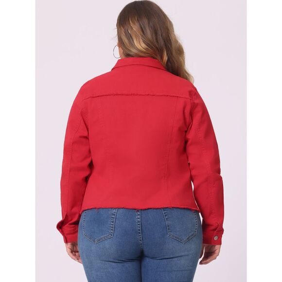 Plus Size Classic Washed Front Frayed Denim Jacket Red - Picture 4 of 5